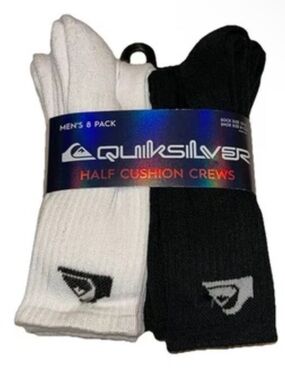 Quicksilver Crew Socks 8 Pair Men's 8-12.5 Black White w Logo Surf Ride NEW Cush